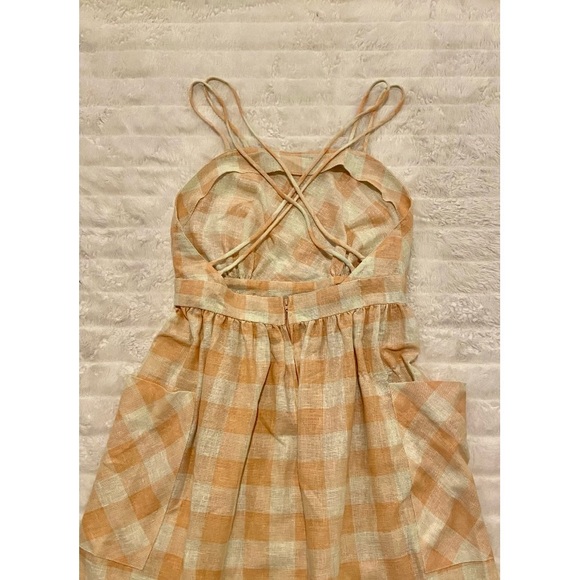 Beautiful Vintage Peach and Cream Linen Gingham Dress - Picture 4 of 7